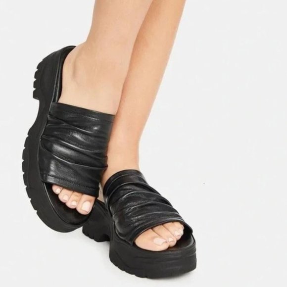 Free People Shoes - NIB Free People Brand Genuine Black Leather Slip On Chunky  Pool Slide Sandals